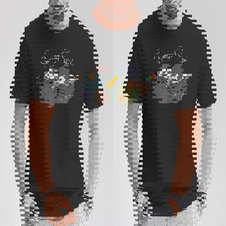 シマエナガ 楽器 トランペット サックス バイオリン ギター 音符 仲良し 可愛い 音楽好き Tシャツ 面白い贈り物