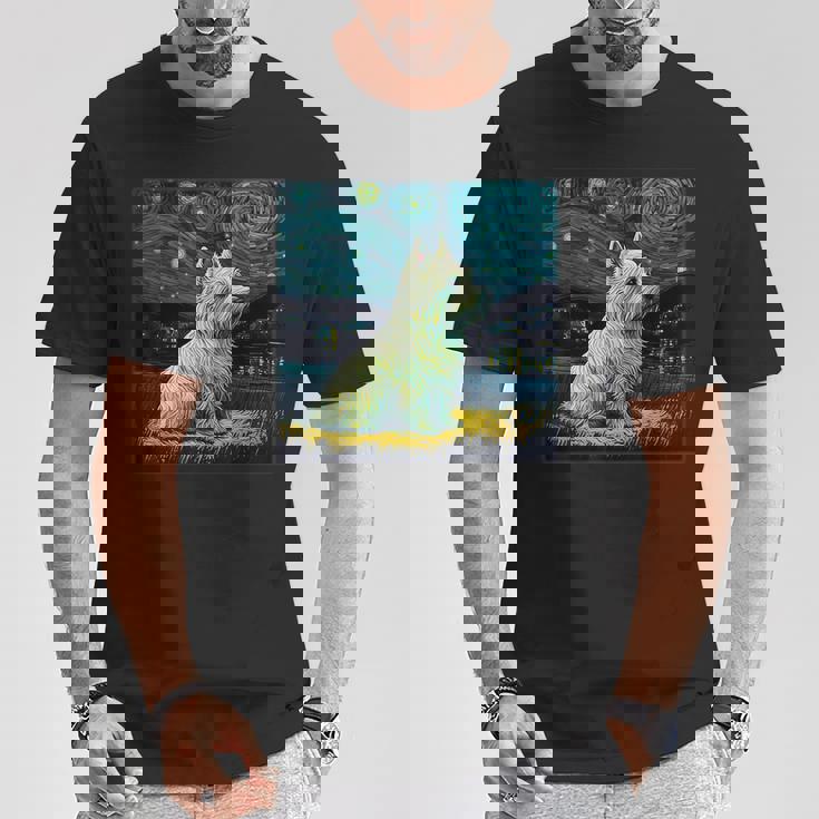 シュールレアリズム 星月夜 ウェスティ 犬 Tシャツ 面白い贈り物