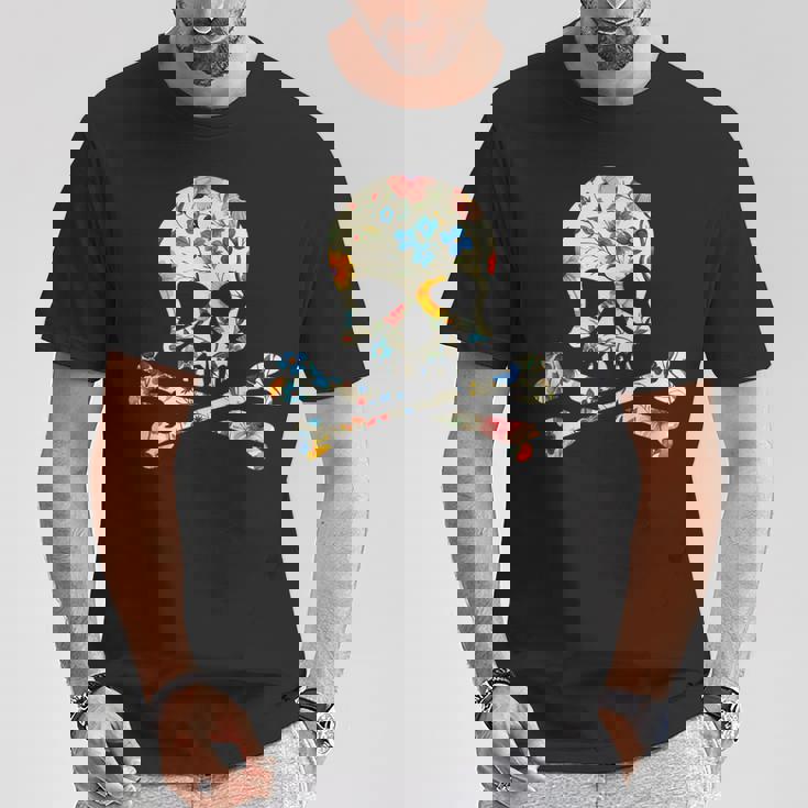 ジョリー・ロジャーのシルエット 花柄 スカル＆クロスボーン Tシャツ 面白い贈り物