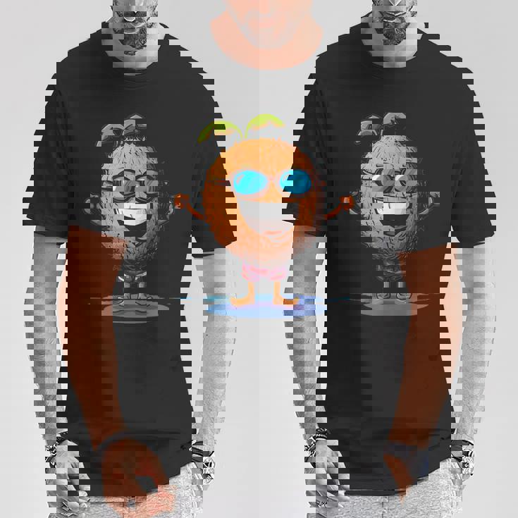 スイミングトランクとサングラスが付いた面白いココナッツ。 Tシャツ 面白い贈り物