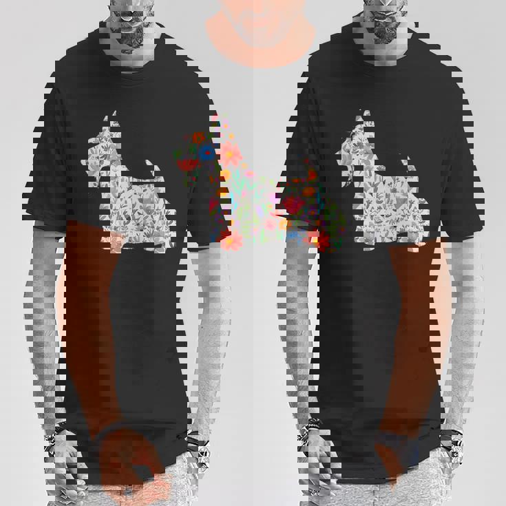 スコティッシュテリア水彩フラワーデザイン。 Tシャツ 面白い贈り物