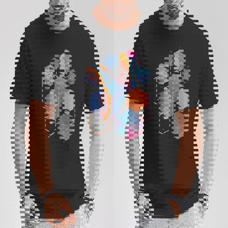 スタイリッシュ ティール オレンジ 六角形 モダン シェイプ マニア Tシャツ 面白い贈り物