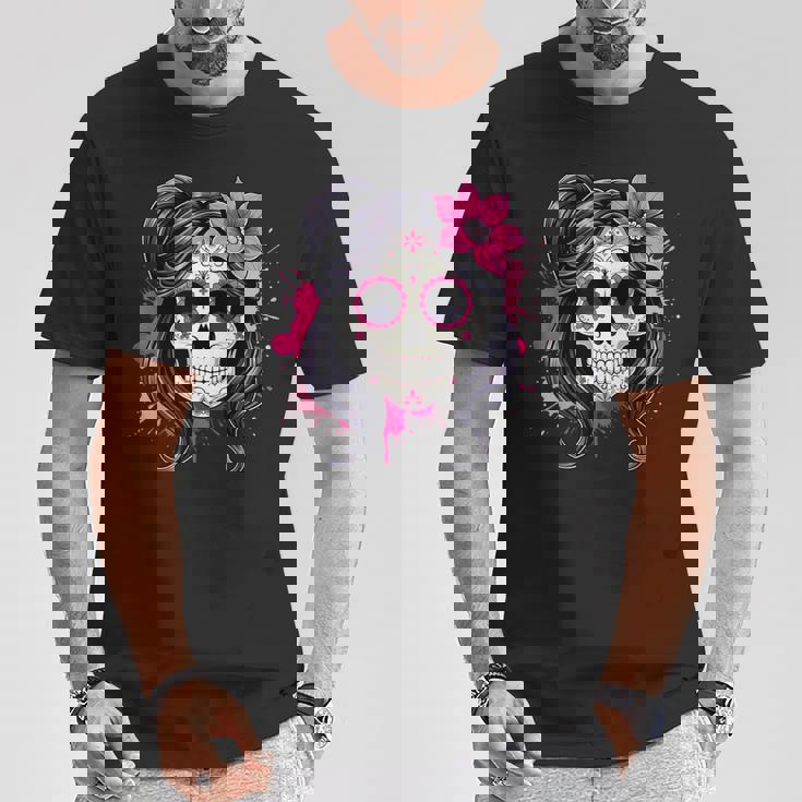 スタイリッシュなマゼンタ サクラ ムエルテ スカルデザイン Dia De Los Muertos Tシャツ 面白い贈り物