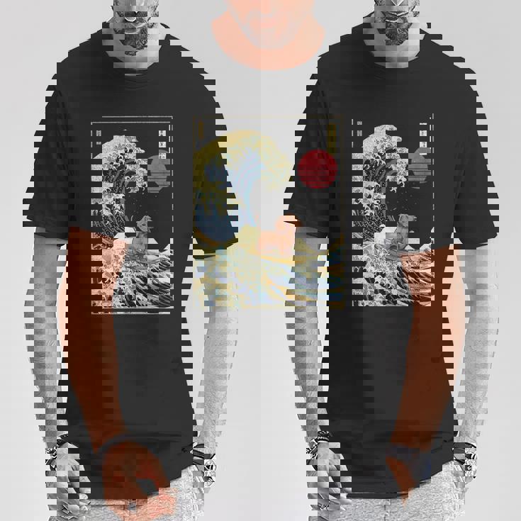 ダックスフント 日本の神奈川波 おもしろサーフドッグ Tシャツ 面白い贈り物