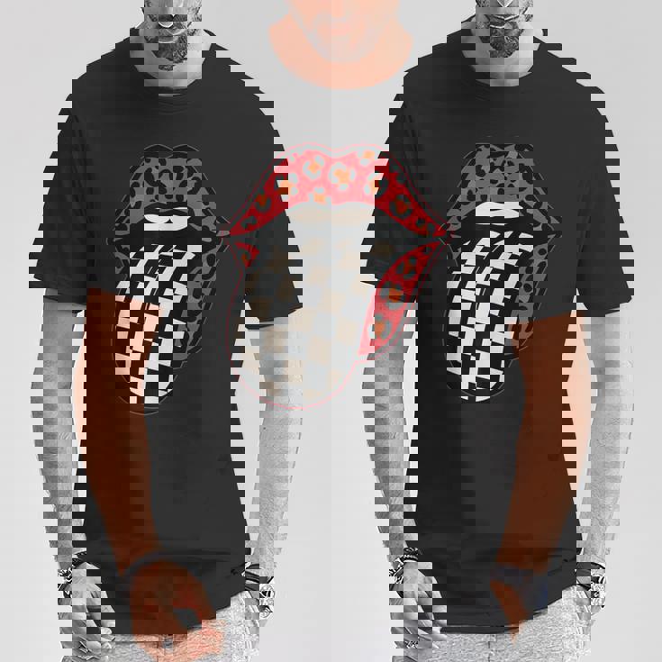 チェック 舌 赤 ヒョウ 唇 レース Tシャツ 面白い贈り物