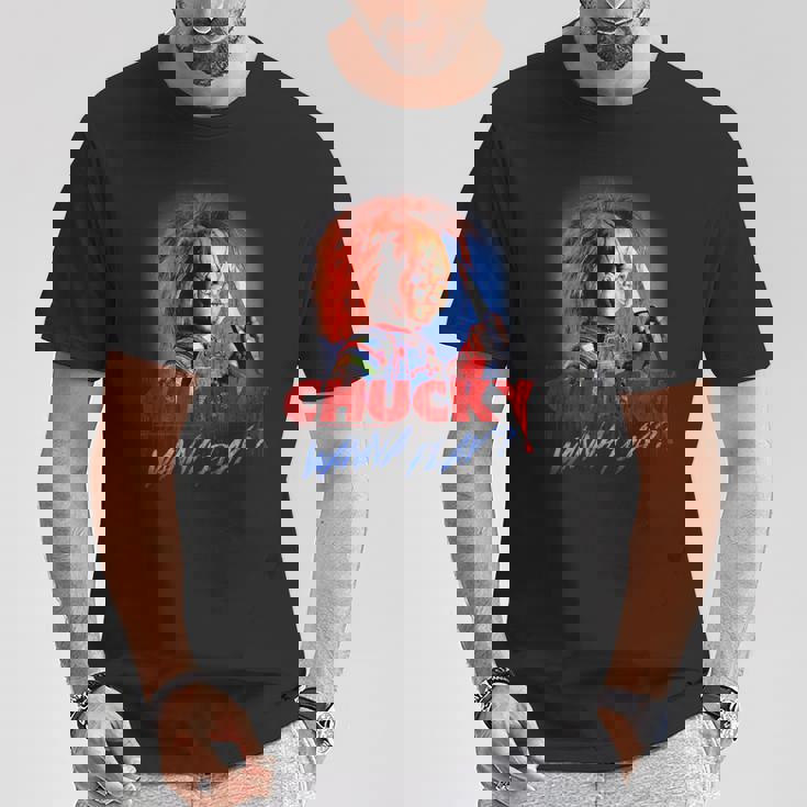 チャッキー・ワナ・プレイ・ブラッディ・ナイフ Tシャツ 面白い贈り物