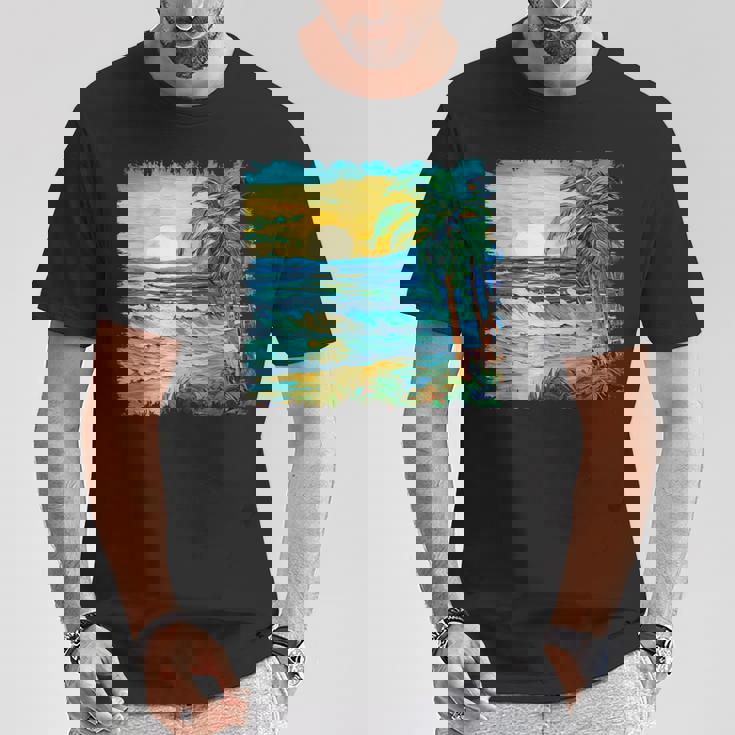 トロピカルビーチ 太陽 オーシャン ヤシの木 ゴッホスタイル アートデザイン Tシャツ 面白い贈り物