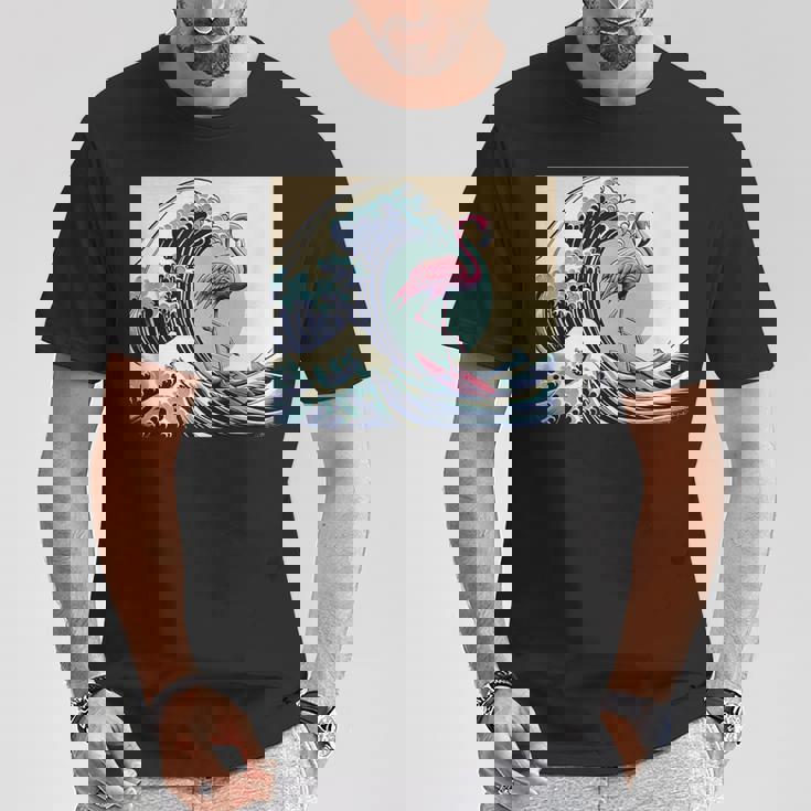 トロピカルピンク フラミンゴ グレートビッグウェーブサーファー オーシャンビーチ Tシャツ 面白い贈り物