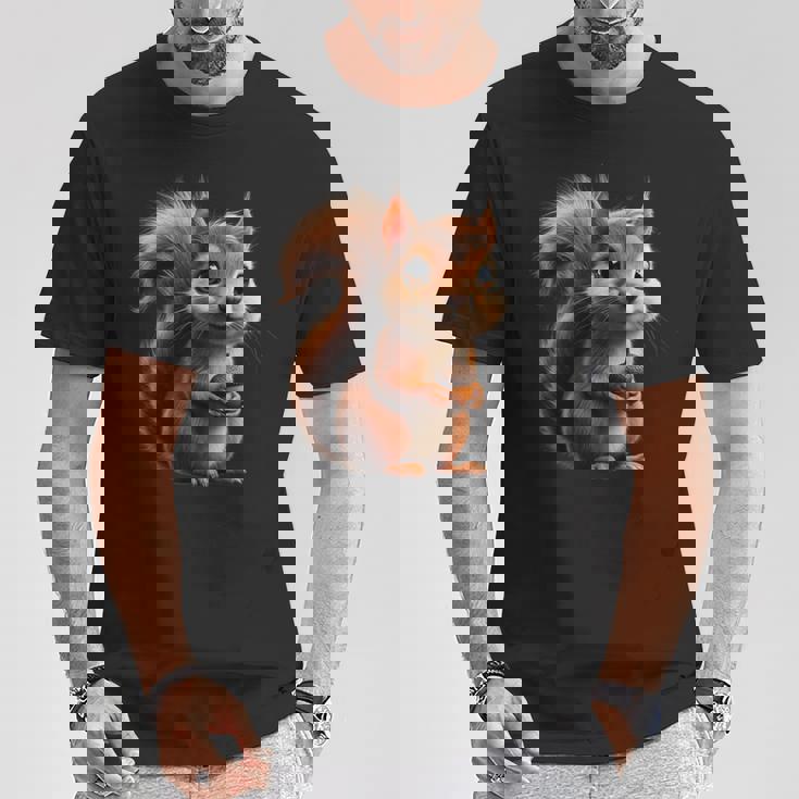 ドングリを持ったかわいいリスのデザイン Tシャツ 面白い贈り物