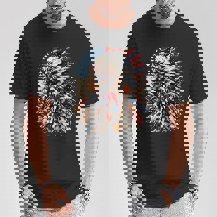 ネイティブアメリカン インディアン チーフ アメリカ国旗 先住民 Tシャツ 面白い贈り物