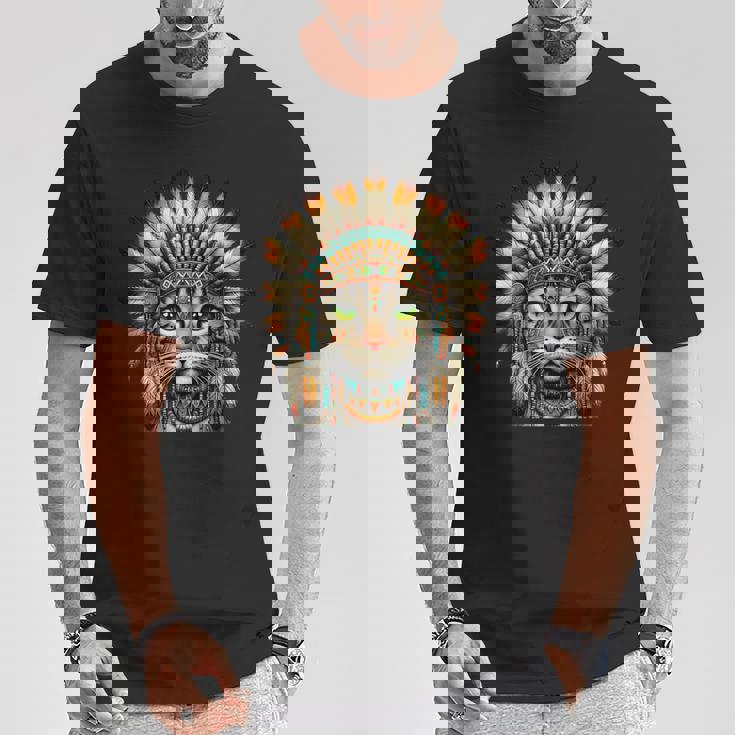 ネイティブインディアン 猫 子猫 ネイティブアメリカン インディアンフェザー Tシャツ 面白い贈り物