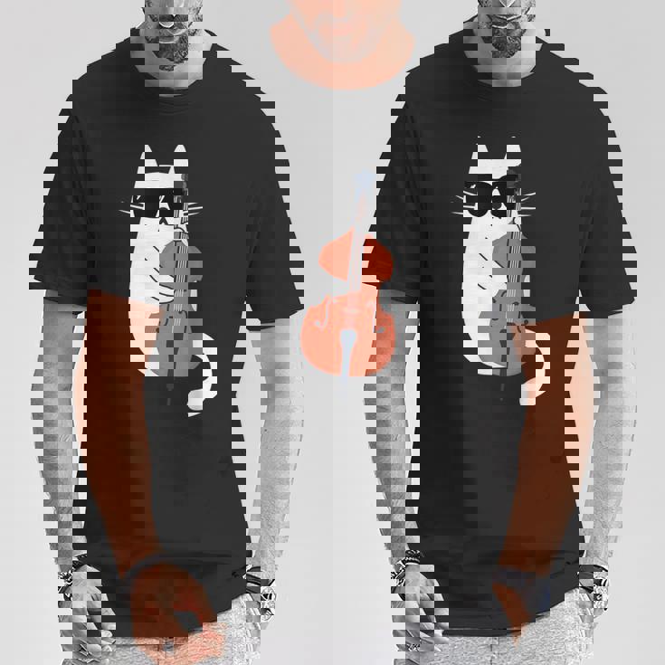 ネコとコントラバス 猫とサングラス ネコ好き 猫飼い コントラバス ウッドベース ダブルベース ジャズ音楽 ネコ 猫 Tシャツ 面白い贈り物