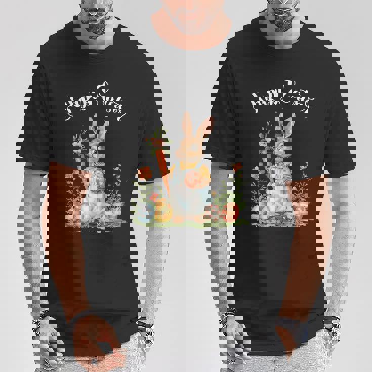 ハッピーイースターバニーニンジンイースターエッグ イースターラビットアートワーク Tシャツ 面白い贈り物
