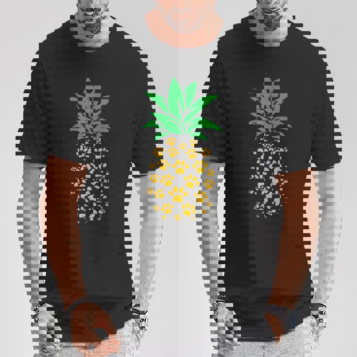 ハワイアンアイランド パイナップル 猫の肉球プリント 猫好きのギフト Tシャツ 面白い贈り物