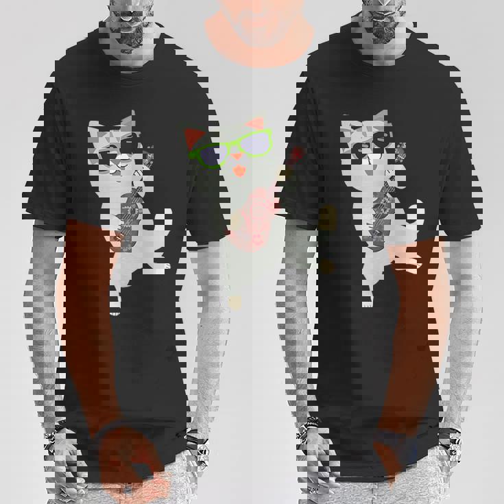 ハワイアンウケ猫遊びウクレレバッジポケット Tシャツ 面白い贈り物