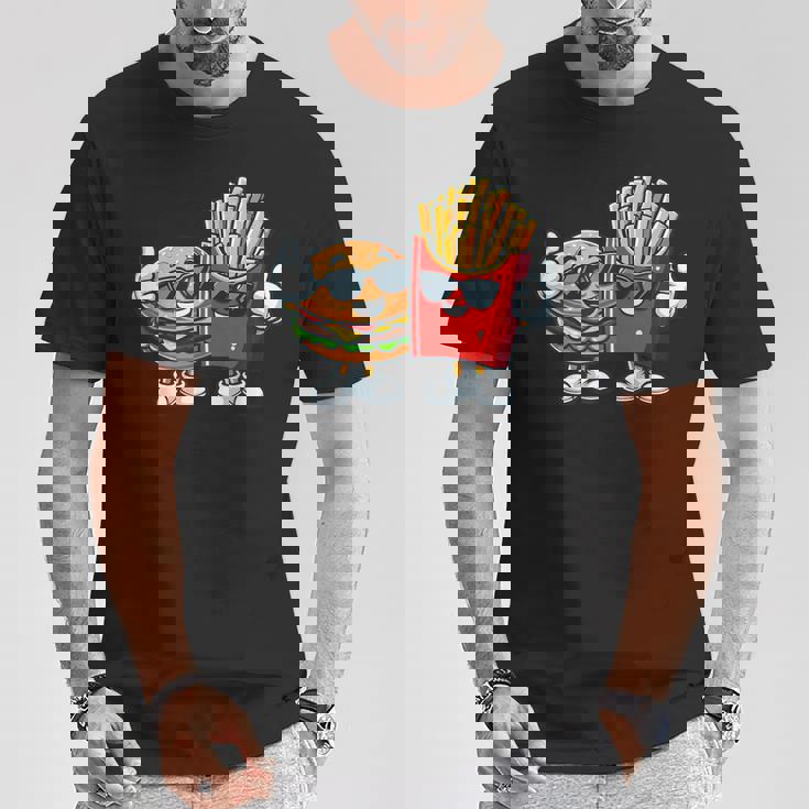 ハンバーガーフライドポテトファーストフード愛好家アート 面白いユーモアコンボプリント Tシャツ 面白い贈り物