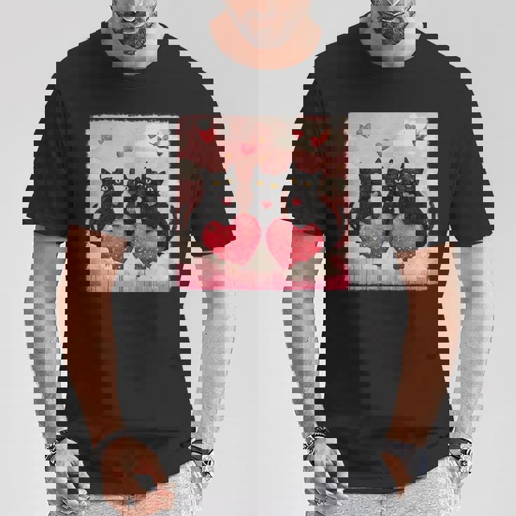 ハートのある黒猫 バレンタインデー アートペインティング Tシャツ 面白い贈り物