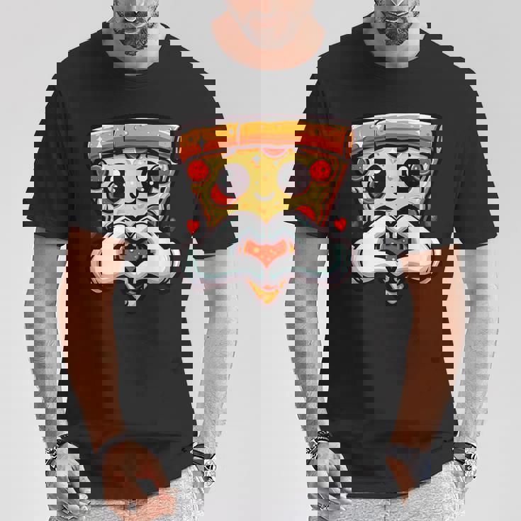 ハートの手でペパロニピザのスライス、かわいいピザ Tシャツ 面白い贈り物