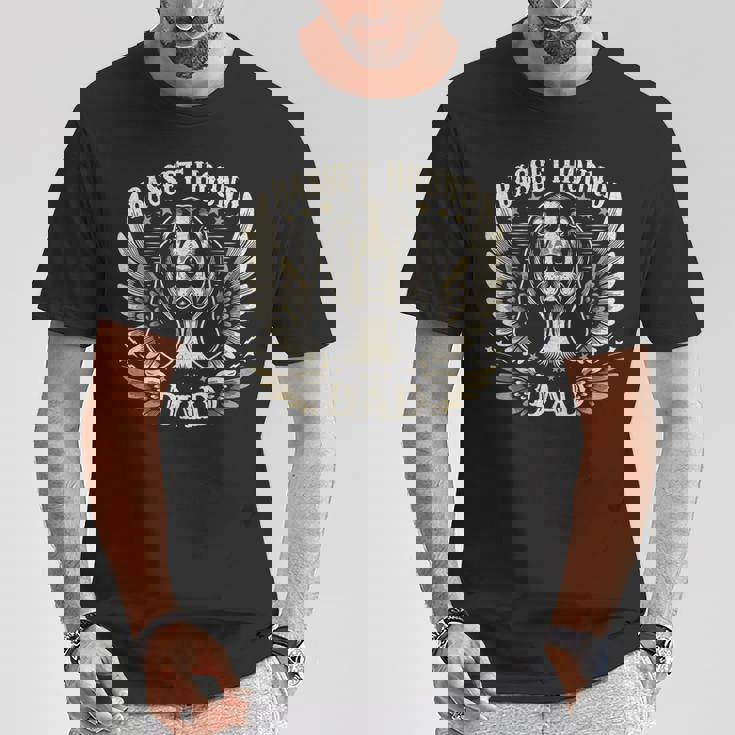 バセットハウンド ダッド バイカー 翼 オートバイ クール ハッシュパピー レトロ Tシャツ 面白い贈り物