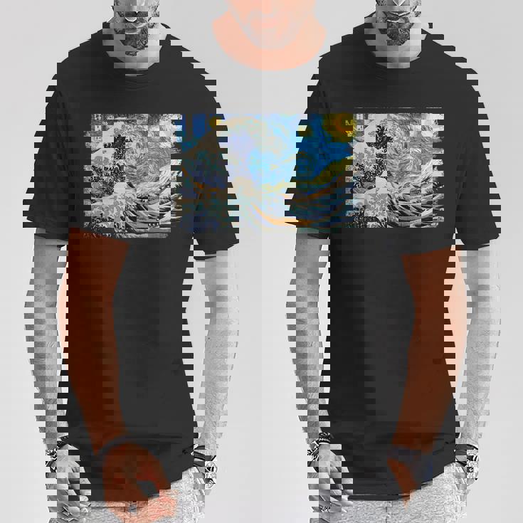 バンゴッホの星空と北斎の富嶽三十六景波絵の融合 Tシャツ 面白い贈り物