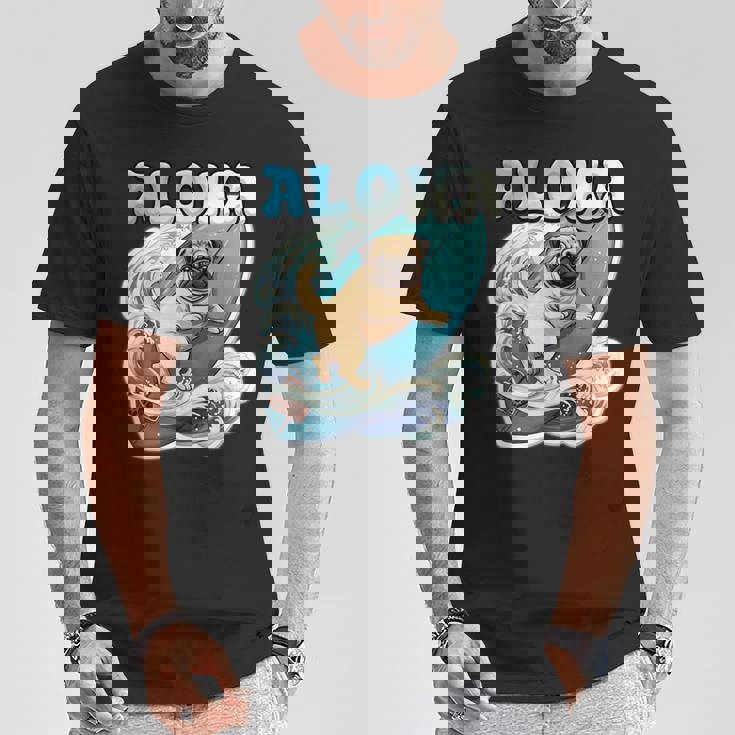 パグサーフィン アロハ サーフボード&ウェーブ Tシャツ 面白い贈り物