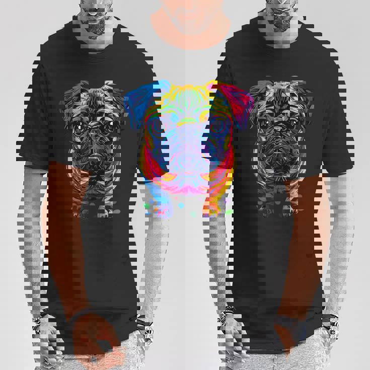 パグ犬 カラフルカラー ポップアート レインボー カーリン キュート パグ Tシャツ 面白い贈り物