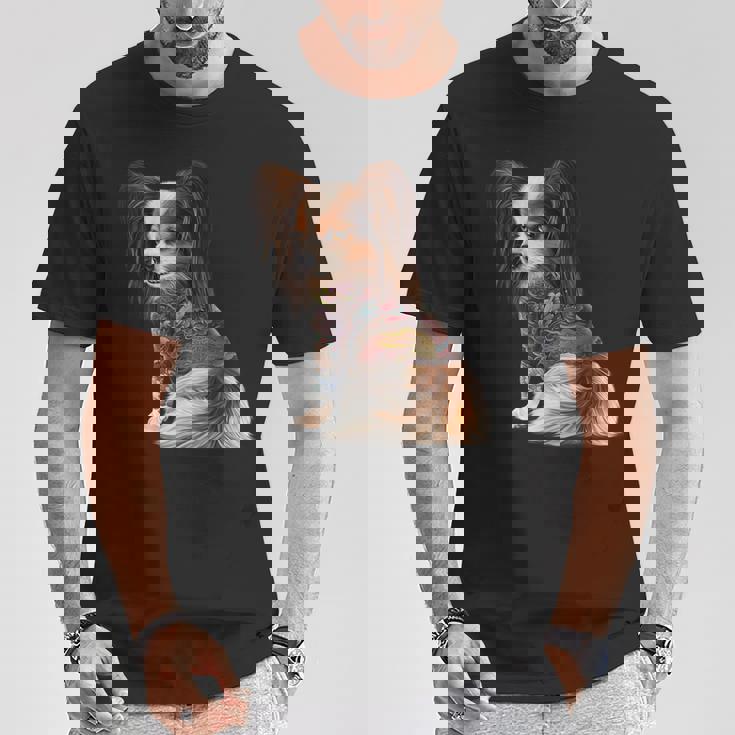 パピヨン犬 日本の伝統的なドラゴンタトゥー イレズミ Tシャツ 面白い贈り物