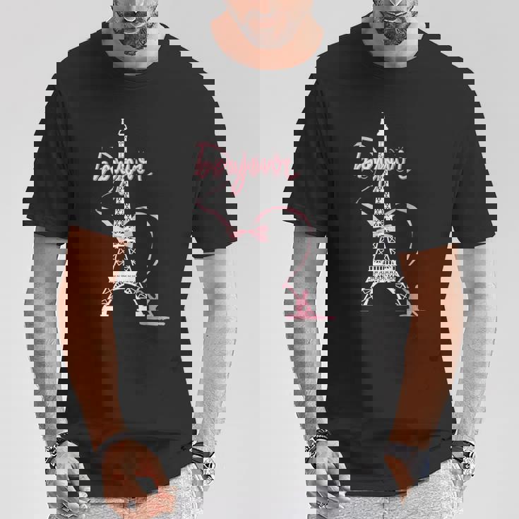 パリフランス エッフェル塔 ボンジュール 体操リボンとリボン Tシャツ 面白い贈り物