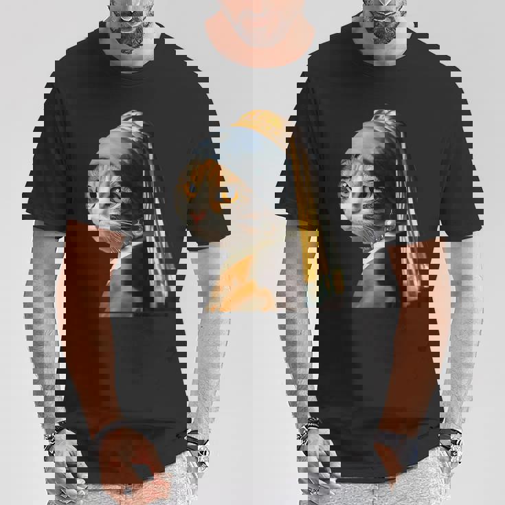 パールイヤリング付き猫 フェルメール Tシャツ 面白い贈り物