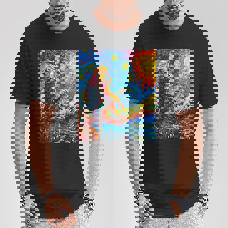 ヒヒ猿 星月夜 絵画 Tシャツ 面白い贈り物