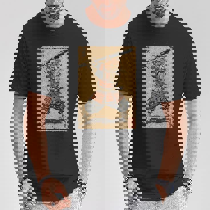 ビンテージアニメ 日本美術 野球選手の侍猫 長袖tシャツ Tシャツ 面白い贈り物