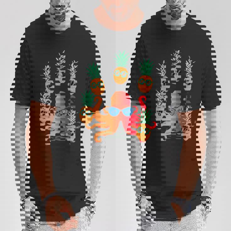 ファニー クール オレンジ タコ ジャグリング パイナップル Tシャツ 面白い贈り物