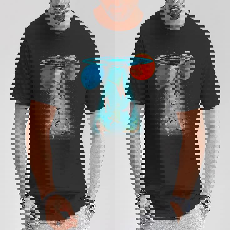 ファニースペースキャット Ufo 宇宙人 空飛ぶ猫 ギャラクシープラネット グラフィック Tシャツ 面白い贈り物