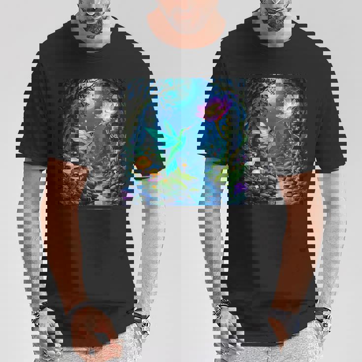 ファンタジー グリーン 鳥 花 Tシャツ 面白い贈り物