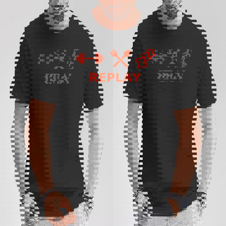 フィットネス、食事、睡眠 リプレイ Tシャツ 面白い贈り物