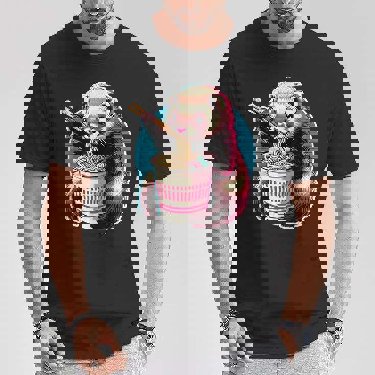 フェレットの飼い主かわいいカワイイアニメフェレットがラーメン丼シャツを食べる Tシャツ 面白い贈り物