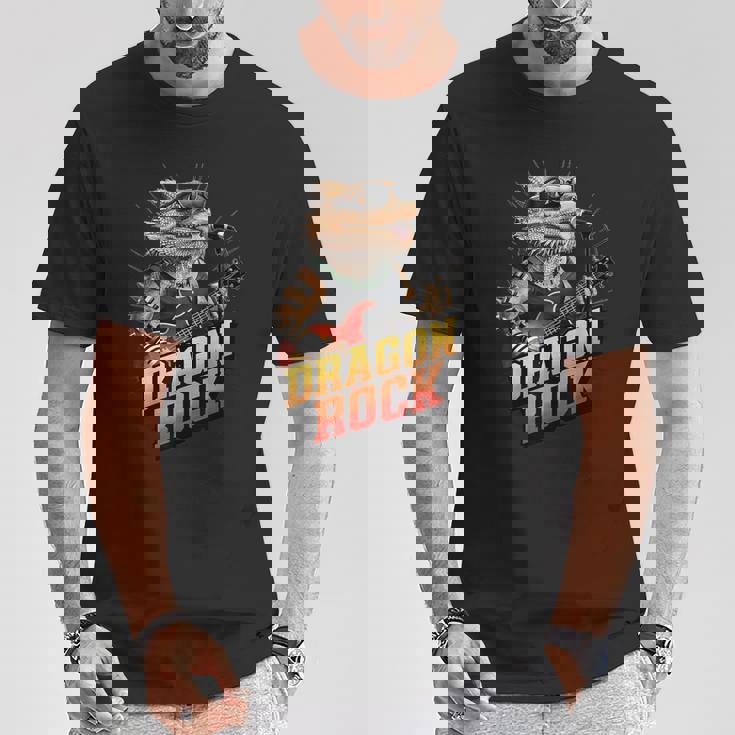 フトアゴヒゲトカゲの岩、フトアゴヒゲトカゲ、ロッカー、ギターマイク Tシャツ 面白い贈り物