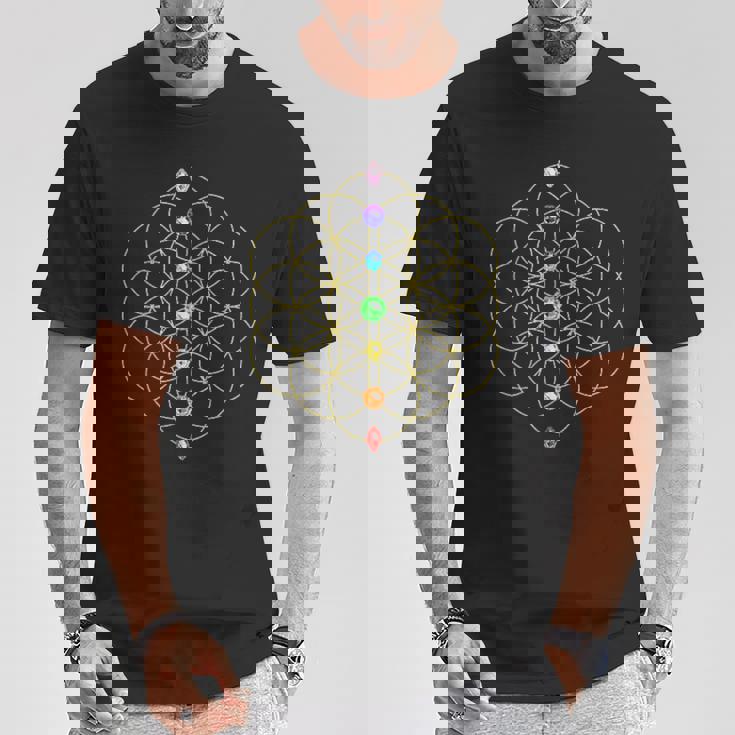 フラワー・オブ・ライフ、チャクラ、神聖幾何学、精神性、ヨガ Tシャツ 面白い贈り物