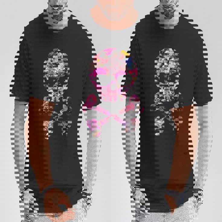 フローラルローズスカルフラワープリント Tシャツ 面白い贈り物