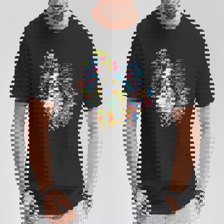 フローラル・ポップ・アート カラフルなパピヨン Tシャツ 面白い贈り物