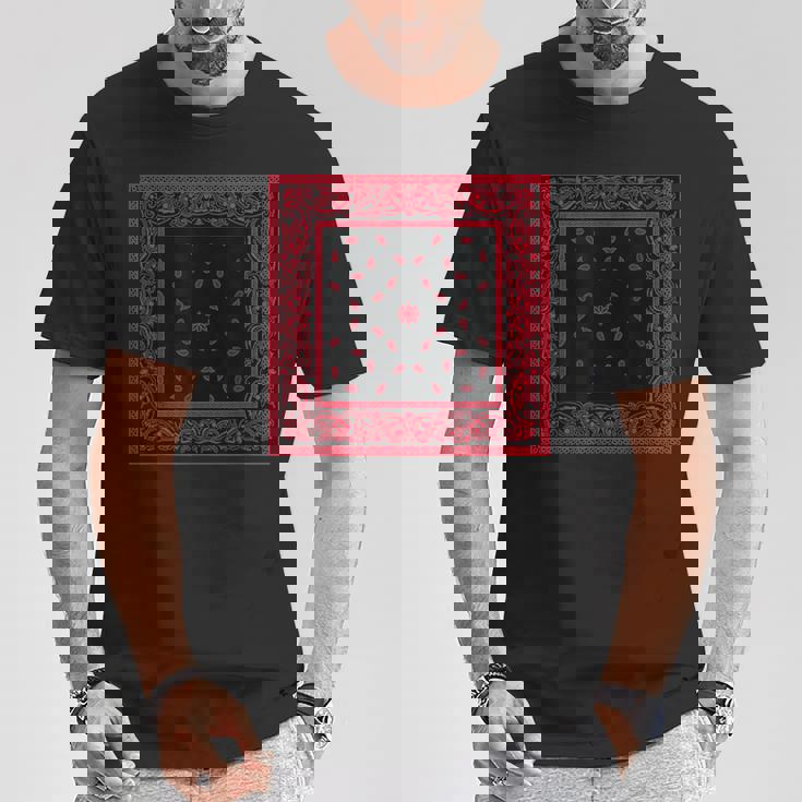 メンズ ブラックレッドバンダナプリントtシャツ ペイズリー柄 レッドラグ Tシャツ 面白い贈り物