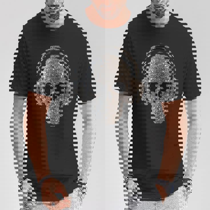 ヘッドフォン付きキラキラドクロ Dj音楽愛好家 Tシャツ 面白い贈り物