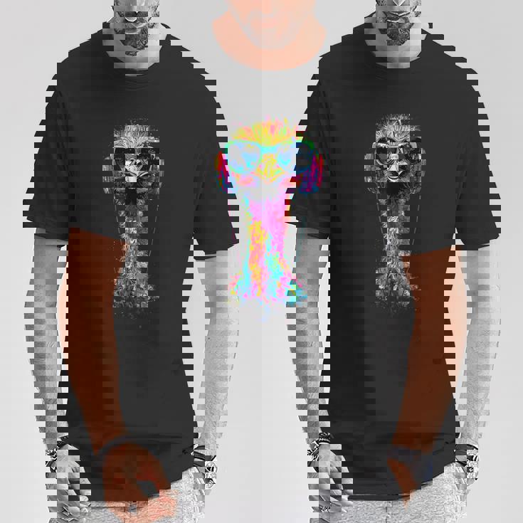 ヘッドフォン付きダチョウの鳥 カラフルなエミュー音楽djブーケ Tシャツ 面白い贈り物