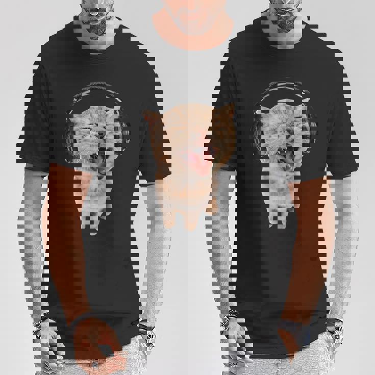 ヘッドフォン付き猫 ミーム Tシャツ 面白い贈り物