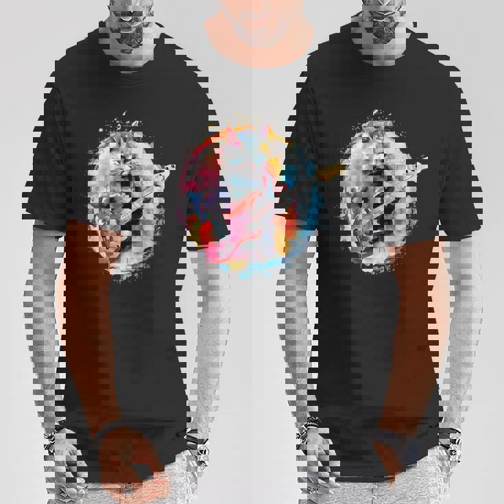 ベースギターを弾く猫水彩グラフィックデザイン Tシャツ 面白い贈り物