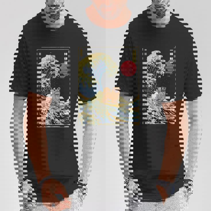 ペキニーズ日本神奈川波 おもしろサーフドッグ Tシャツ 面白い贈り物