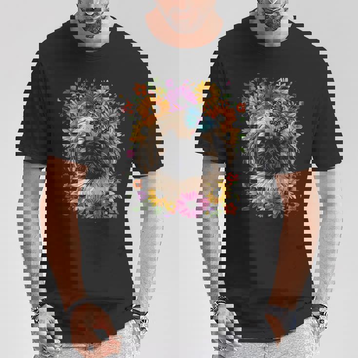 ペキニーズ犬 キュート 花柄 ひまわり コテージコア ママ お父さん Tシャツ 面白い贈り物