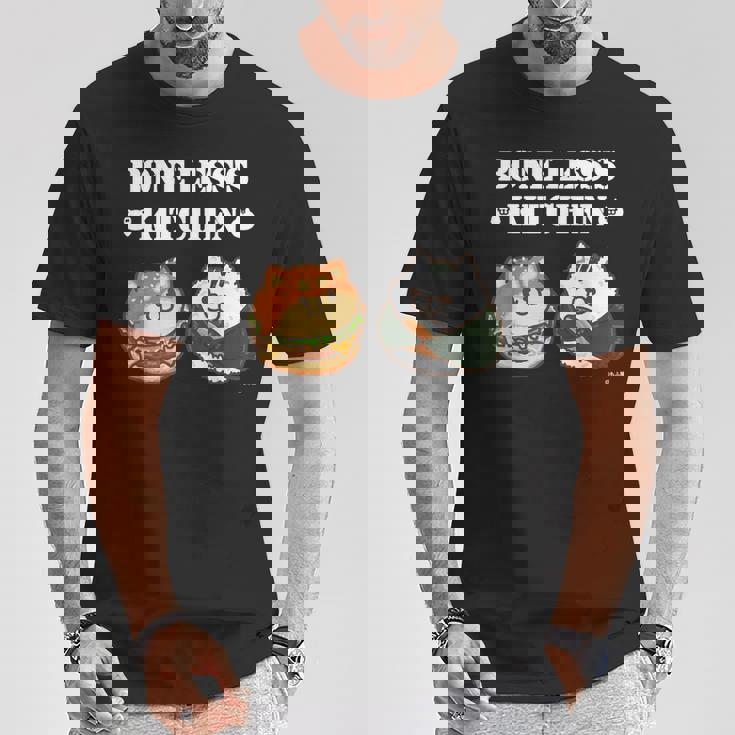 ボンレス犬とボンレス猫 ハンバーガーとおにぎり ダークカラー Tシャツ 面白い贈り物