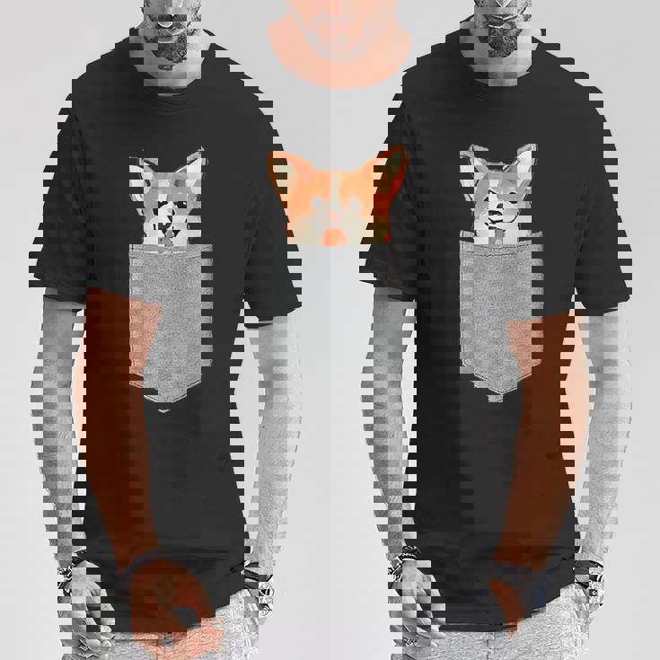 ポケットから覗く可愛いコーギーのデザイン Tシャツ 面白い贈り物