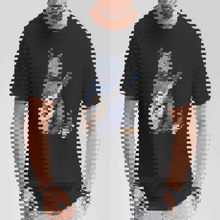 ミュージシャン ロシアンブルー猫 ギタリスト 猫とギター Tシャツ 面白い贈り物